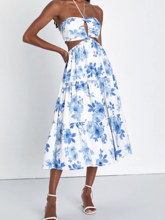 Lulus Dresses & Skirts - NEW Lulu's White & Blue Floral Hawaiian Cut Out Halter Neck Tiered Midi Dress